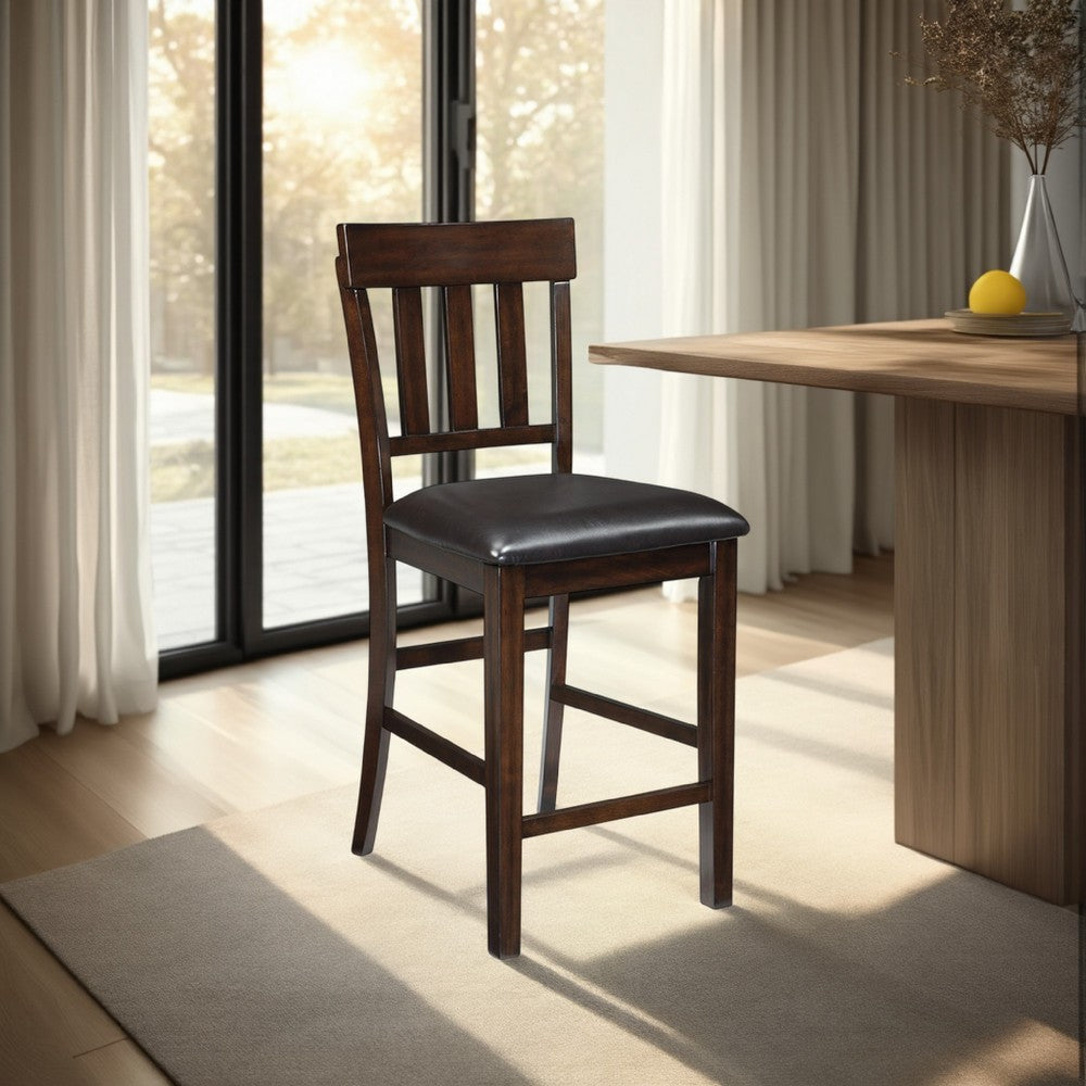 Hado Counter Height Chair Set of 2, Brown Faux Leather, Slatted Back