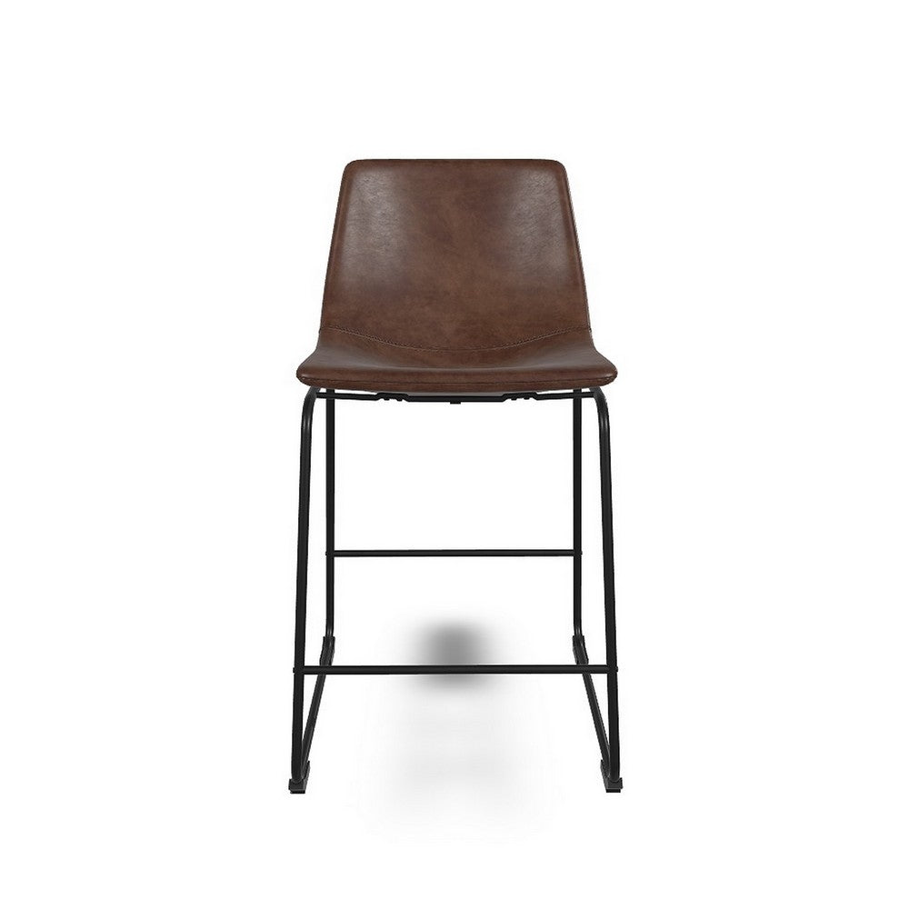 Tia Counter Height Chair Set of 2, Brown Faux Leather, Bucket Seat