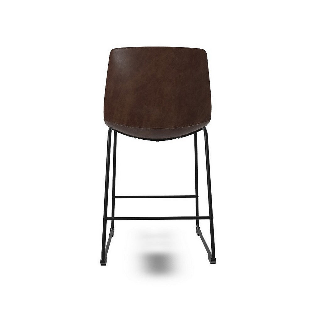 Tia Counter Height Chair Set of 2, Brown Faux Leather, Bucket Seat