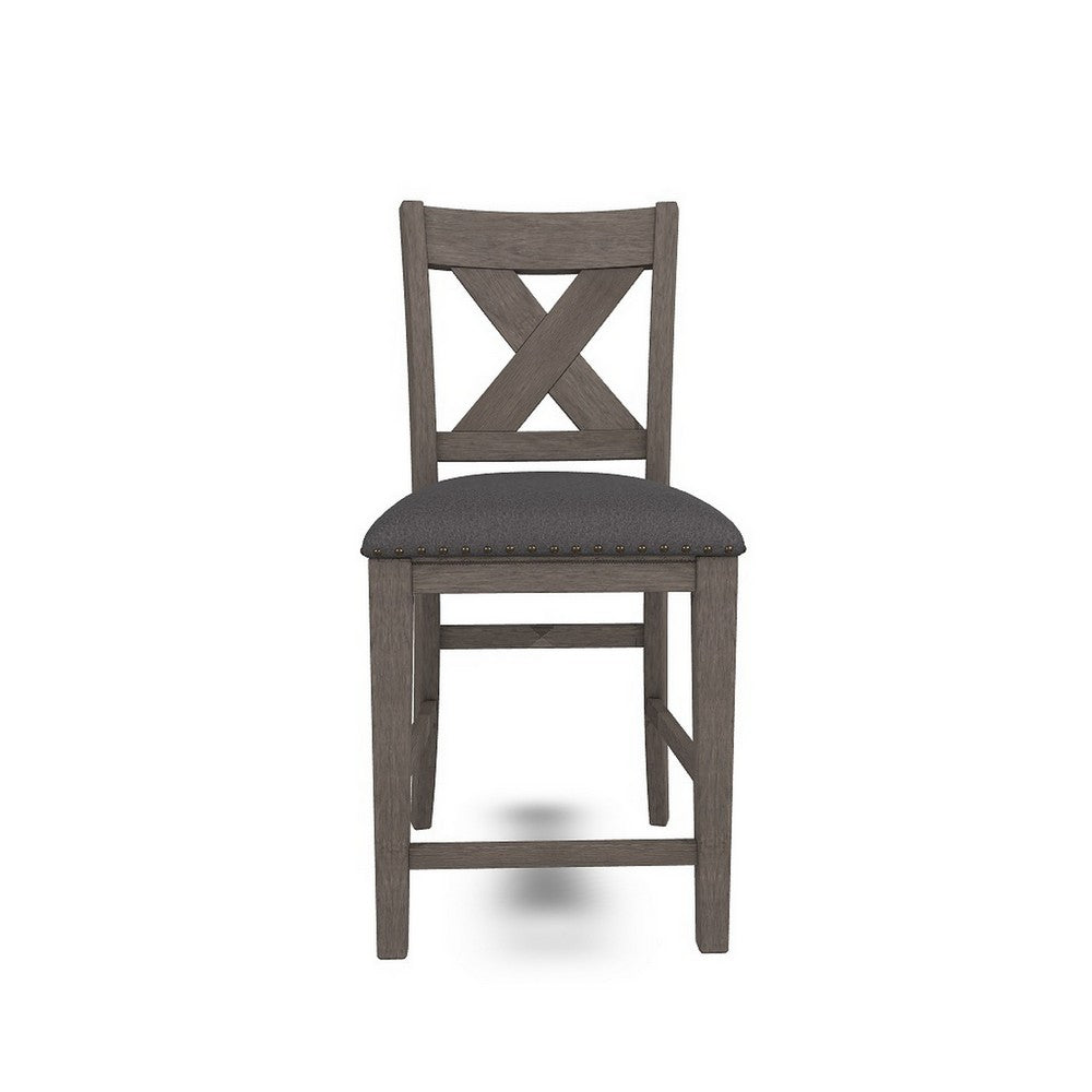 Caity Counter Height Chair Set of 2, Gray Acacia Wood, X Shaped Back