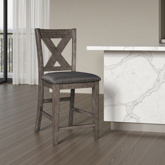 Caity Counter Height Chair Set of 2, Gray Acacia Wood, X Shaped Back