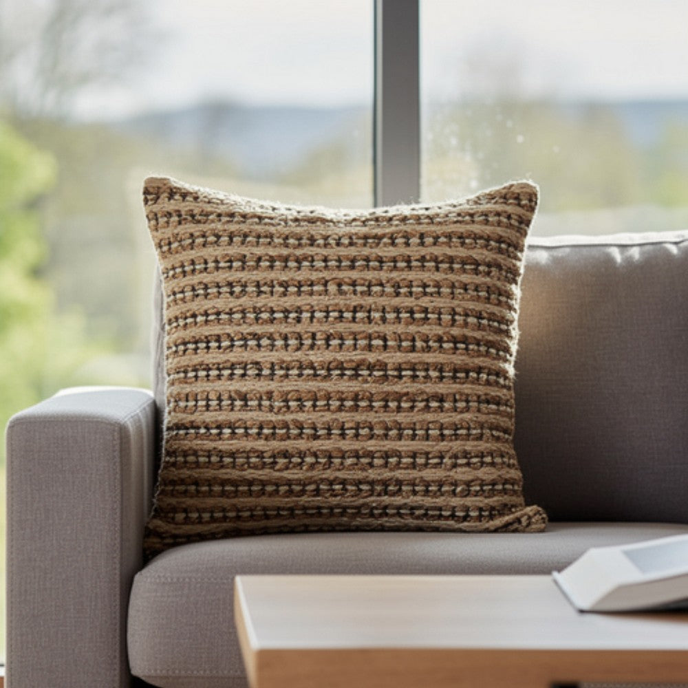 Square Accent Throw Pillow, 20 Inch, Handwoven Stripes on Brown Wool