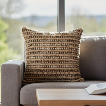 Square Accent Throw Pillow, 20 Inch, Handwoven Stripes on Brown Wool