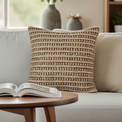 Square Accent Throw Pillow, 20 Inch, Handwoven Stripes on Brown Wool