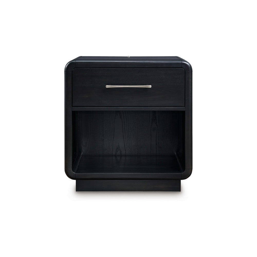 Robeck Nightstand, 1 Drawer, Black 26 Inch, Silver Metal Handles
