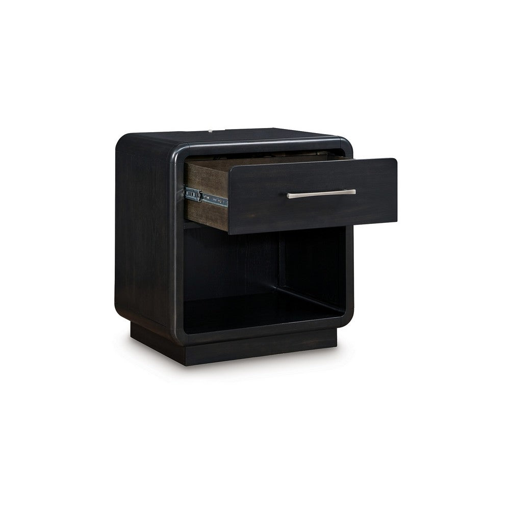Robeck Nightstand, 1 Drawer, Black 26 Inch, Silver Metal Handles