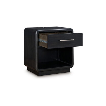 Robeck Nightstand, 1 Drawer, Black 26 Inch, Silver Metal Handles