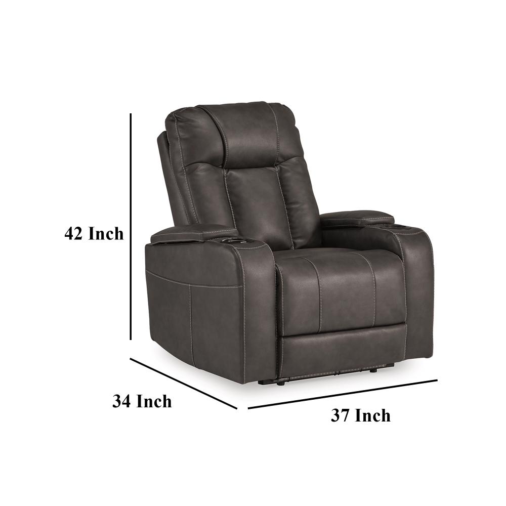 Callum Power Recliner Chair, Adjustable Headrest, Gray Faux Leather