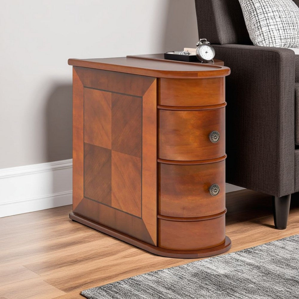Arc Side End Table, Walnut Brown, 2 Drawers, 24 Inch Tall