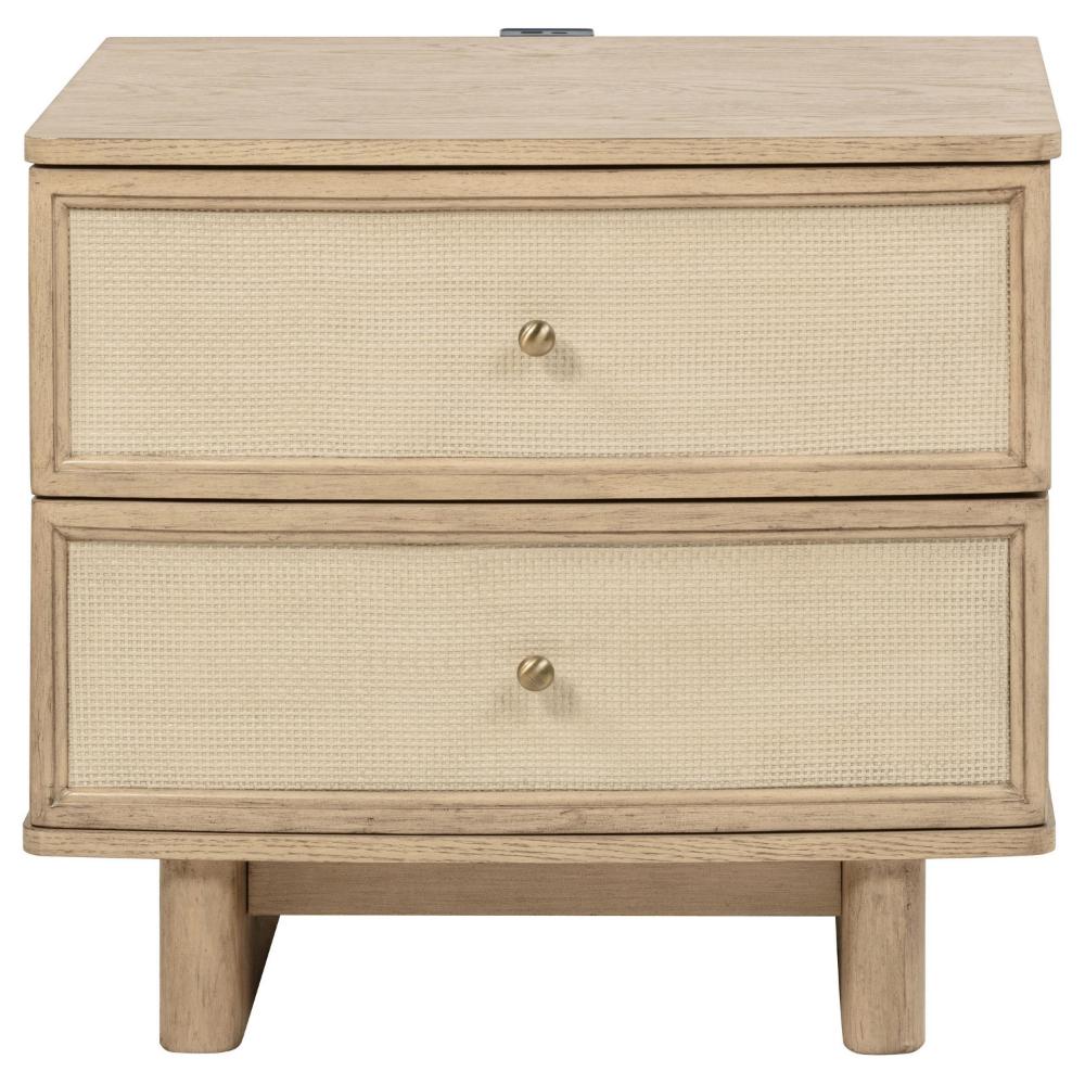 Lno Nightstand, 2 Cane Accent Drawers w Brass Knobs, USB, Oak Beige