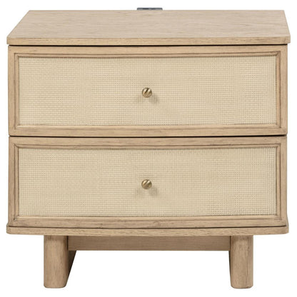 Lno Nightstand, 2 Cane Accent Drawers w Brass Knobs, USB, Oak Beige