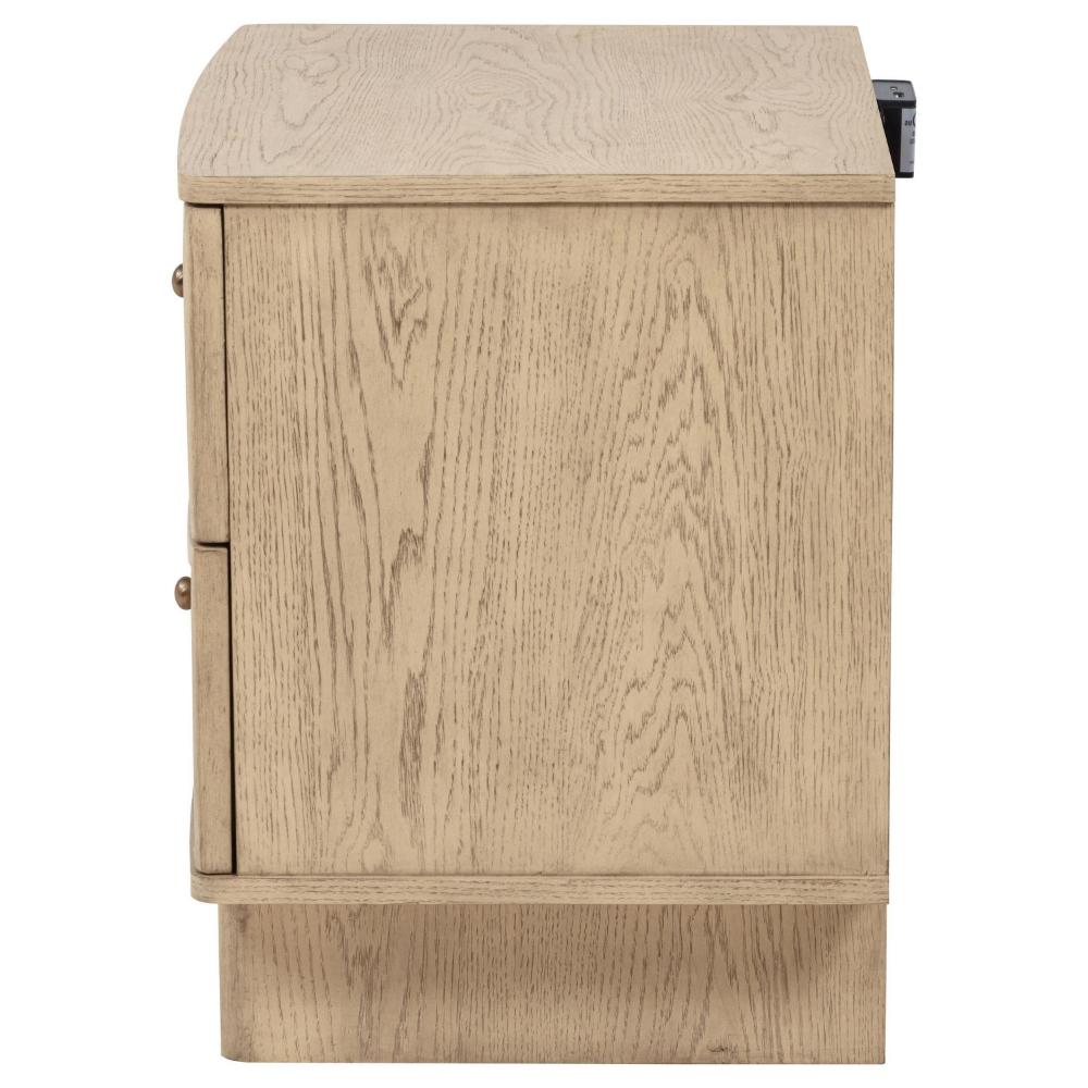 Lno Nightstand, 2 Cane Accent Drawers w Brass Knobs, USB, Oak Beige