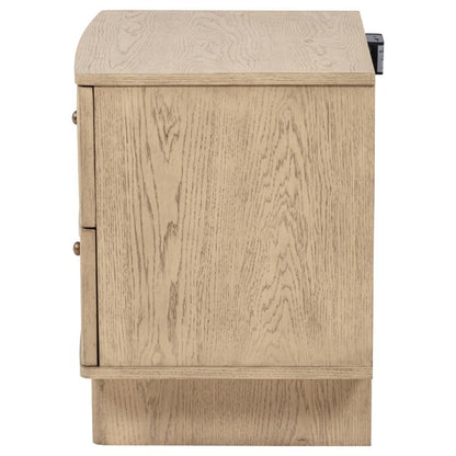 Lno Nightstand, 2 Cane Accent Drawers w Brass Knobs, USB, Oak Beige