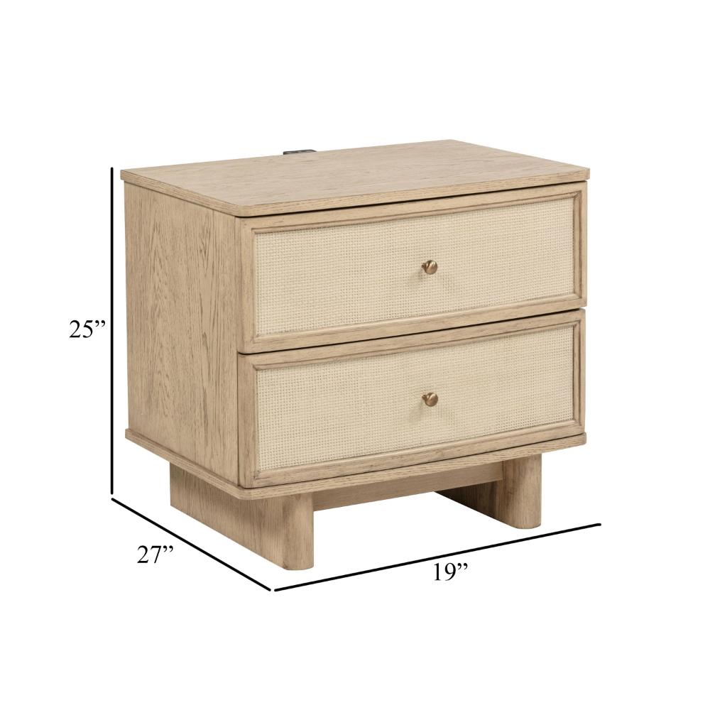 Lno Nightstand, 2 Cane Accent Drawers w Brass Knobs, USB, Oak Beige