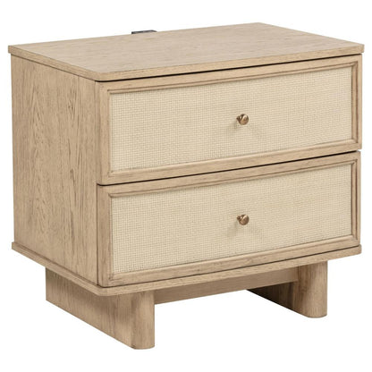 Lno Nightstand, 2 Cane Accent Drawers w Brass Knobs, USB, Oak Beige