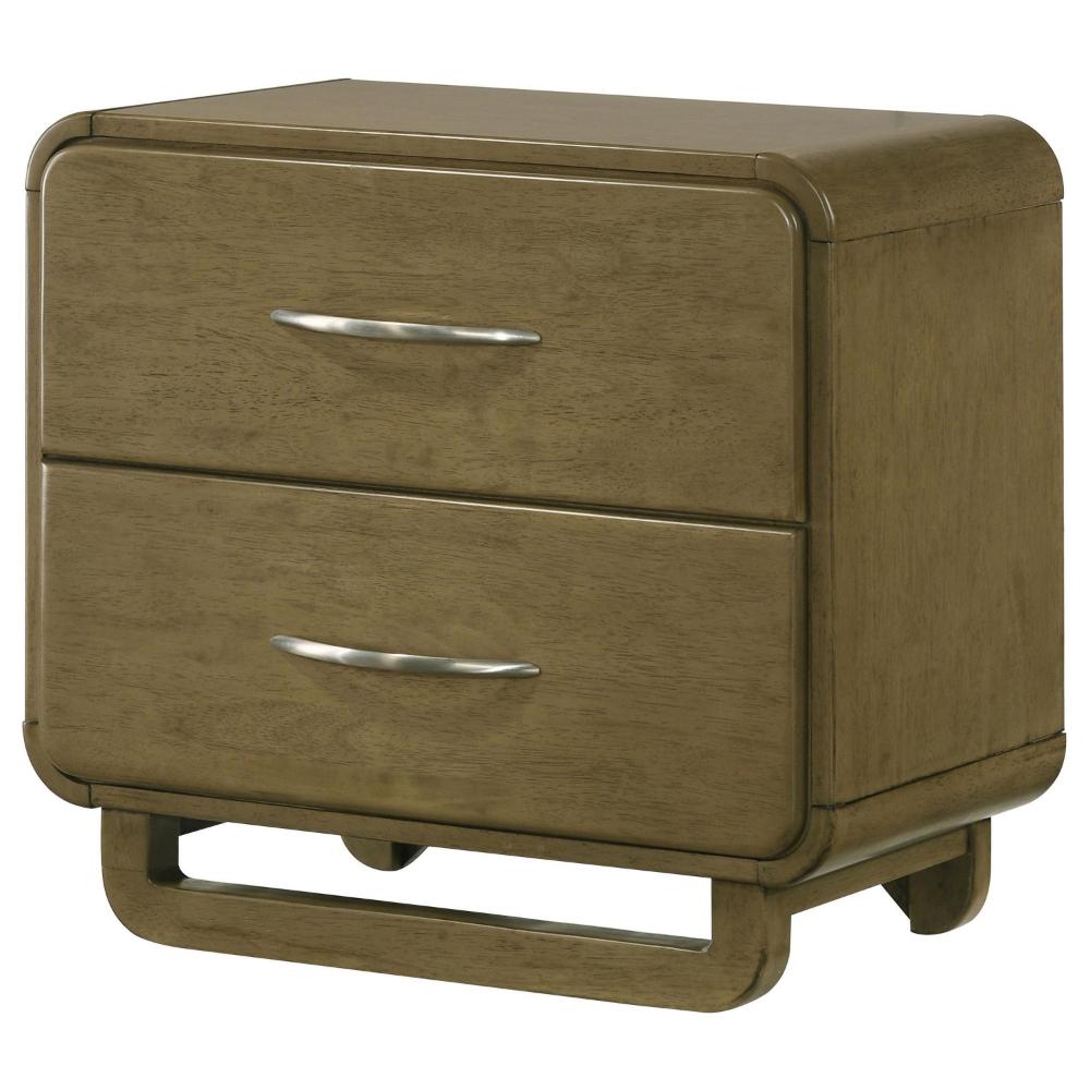Deon Nightstand, 2 Drawers w Nickel Handles, Sled Legs, Nutmeg Brown