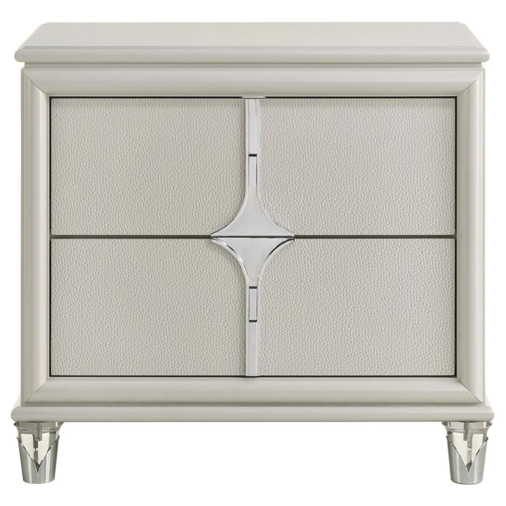 Ory Nightstand w 2 Drawers, Chrome Star Handle, Pearl Ivory Wood