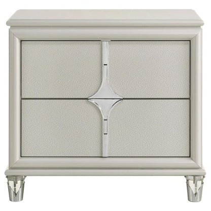 Ory Nightstand w 2 Drawers, Chrome Star Handle, Pearl Ivory Wood