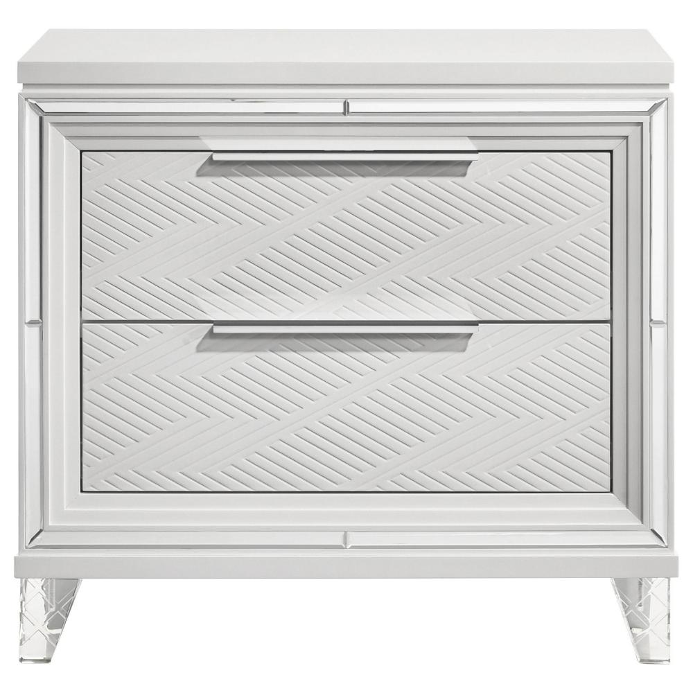 Mory Nightstand, 2 Drawers, Embossed Herringbone Pattern White, Chrome