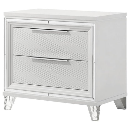 Mory Nightstand, 2 Drawers, Embossed Herringbone Pattern White, Chrome