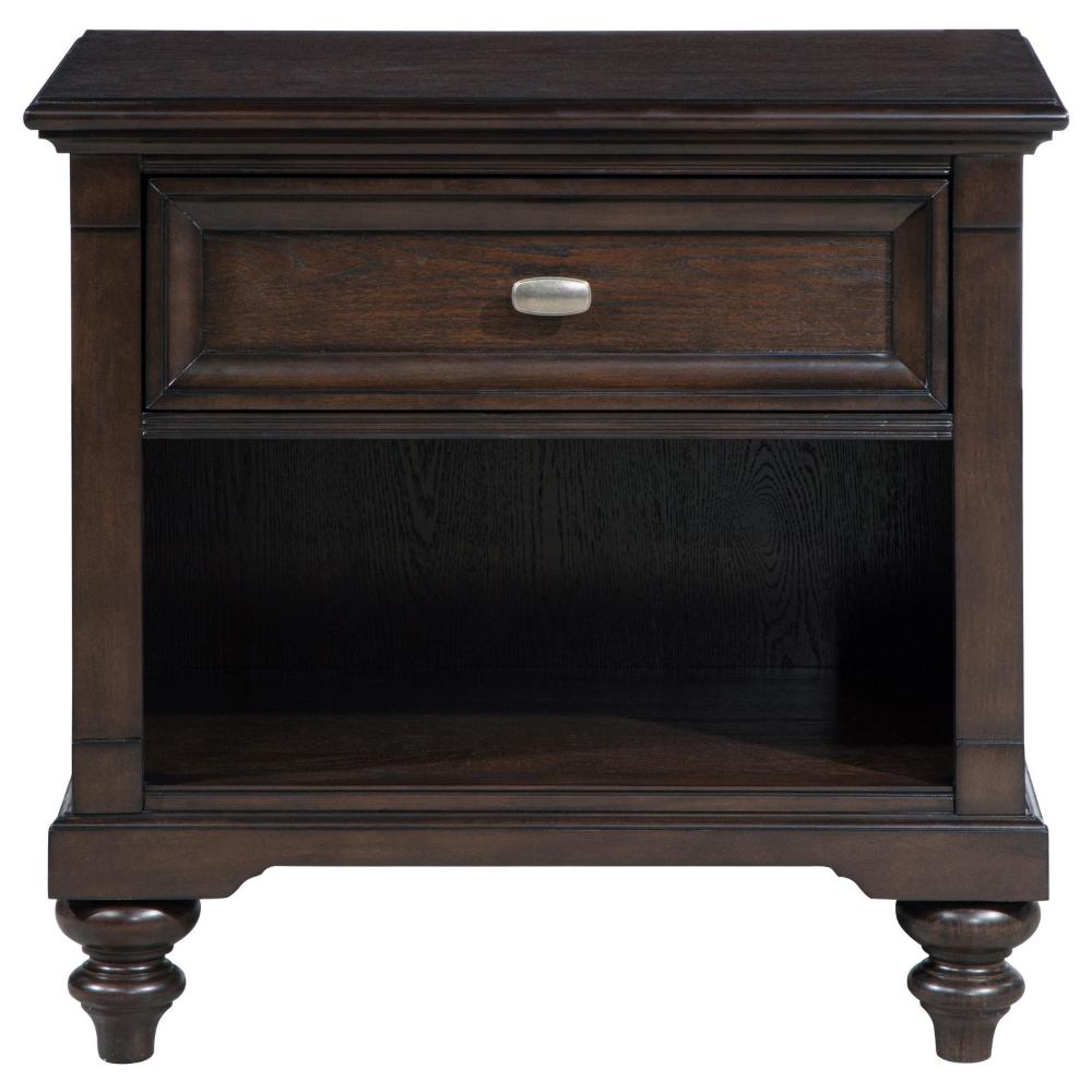 Meon Nightstand w Drawer and Open Cubby Shelf, Dark Oak Brown Wood