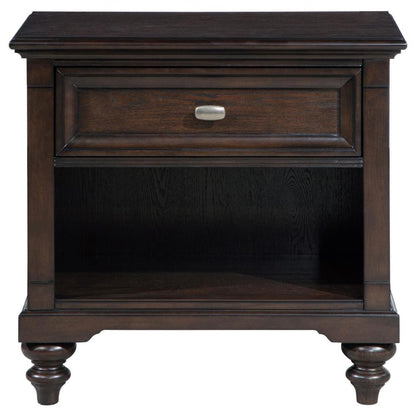Meon Nightstand w Drawer and Open Cubby Shelf, Dark Oak Brown Wood