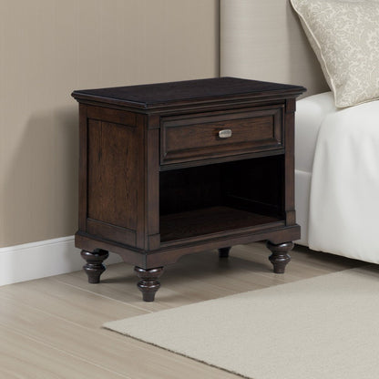 Meon Nightstand w Drawer and Open Cubby Shelf, Dark Oak Brown Wood