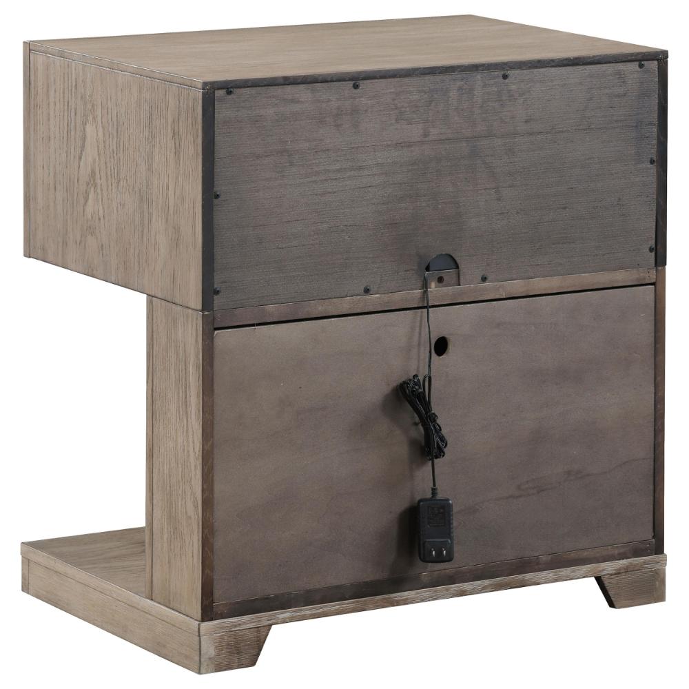 Keno Nightstand, 27 Inch Brown Acacia Wood, Storage Drawer, LED Light