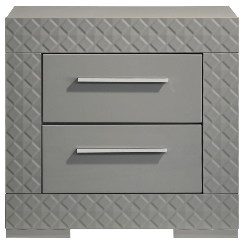 Ivon Nightstand, 2 Storage Drawers, 26 Inch Glossy Gray Hardwood