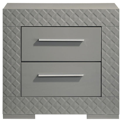 Ivon Nightstand, 2 Storage Drawers, 26 Inch Glossy Gray Hardwood