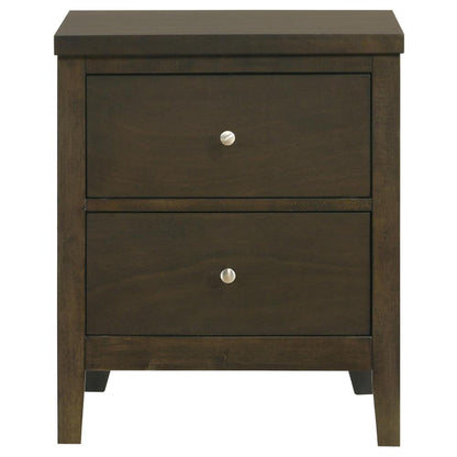 Wily Nightstand, Dark Brown Wood, 2 Drawers with Round Nickel Knobs