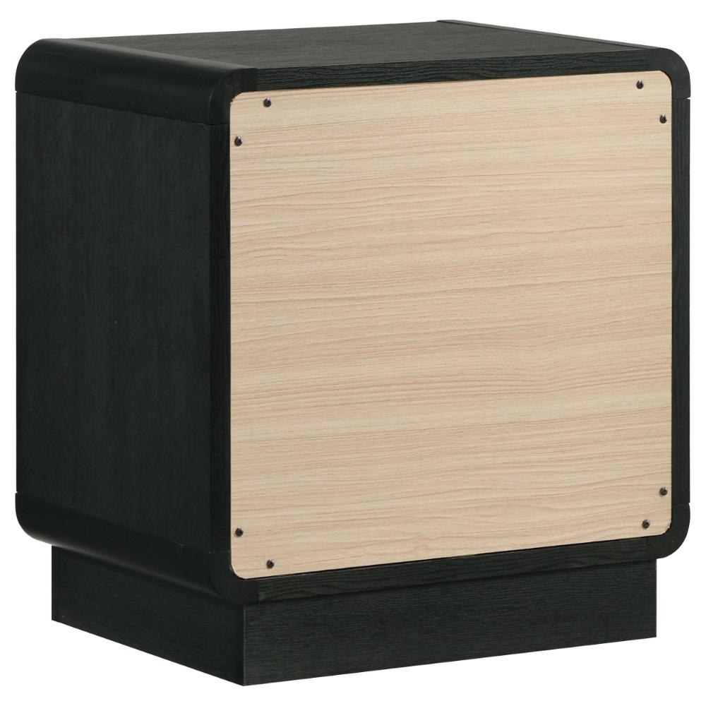 Cavy Nightstand, 2 Storage Drawers, Black Wood, Round Gold Knobs