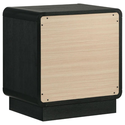 Cavy Nightstand, 2 Storage Drawers, Black Wood, Round Gold Knobs