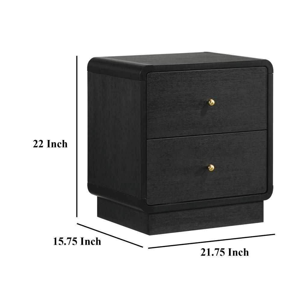 Cavy Nightstand, 2 Storage Drawers, Black Wood, Round Gold Knobs