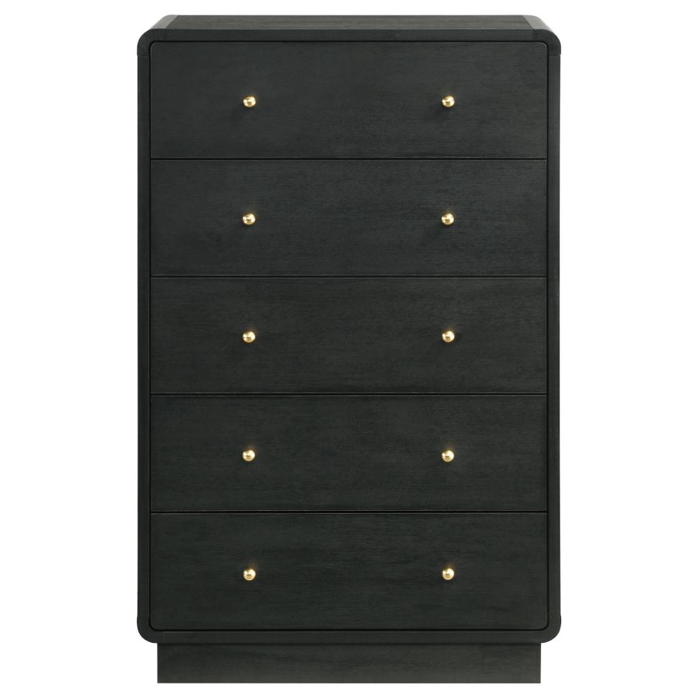 Cavy Tall Dresser Chest, 6 Drawers, Black Wood, Round Gold Knobs