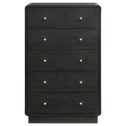Cavy Tall Dresser Chest, 6 Drawers, Black Wood, Round Gold Knobs