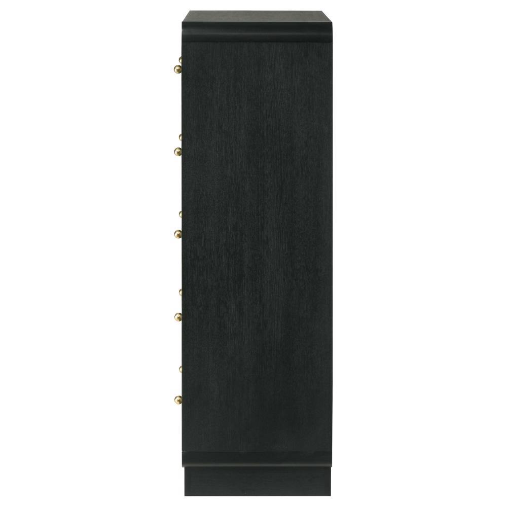 Cavy Tall Dresser Chest, 6 Drawers, Black Wood, Round Gold Knobs