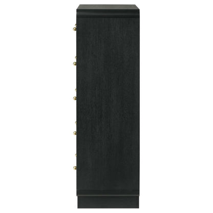 Cavy Tall Dresser Chest, 6 Drawers, Black Wood, Round Gold Knobs