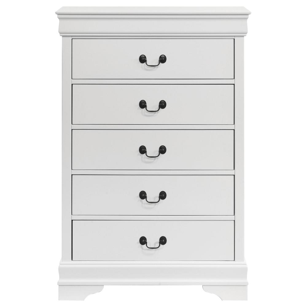 Nim Tall Dresser Chest, 5 Storage Drawers, Classic White Molded Trim