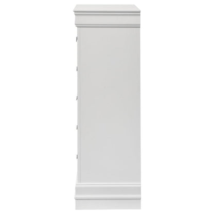 Nim Tall Dresser Chest, 5 Storage Drawers, Classic White Molded Trim