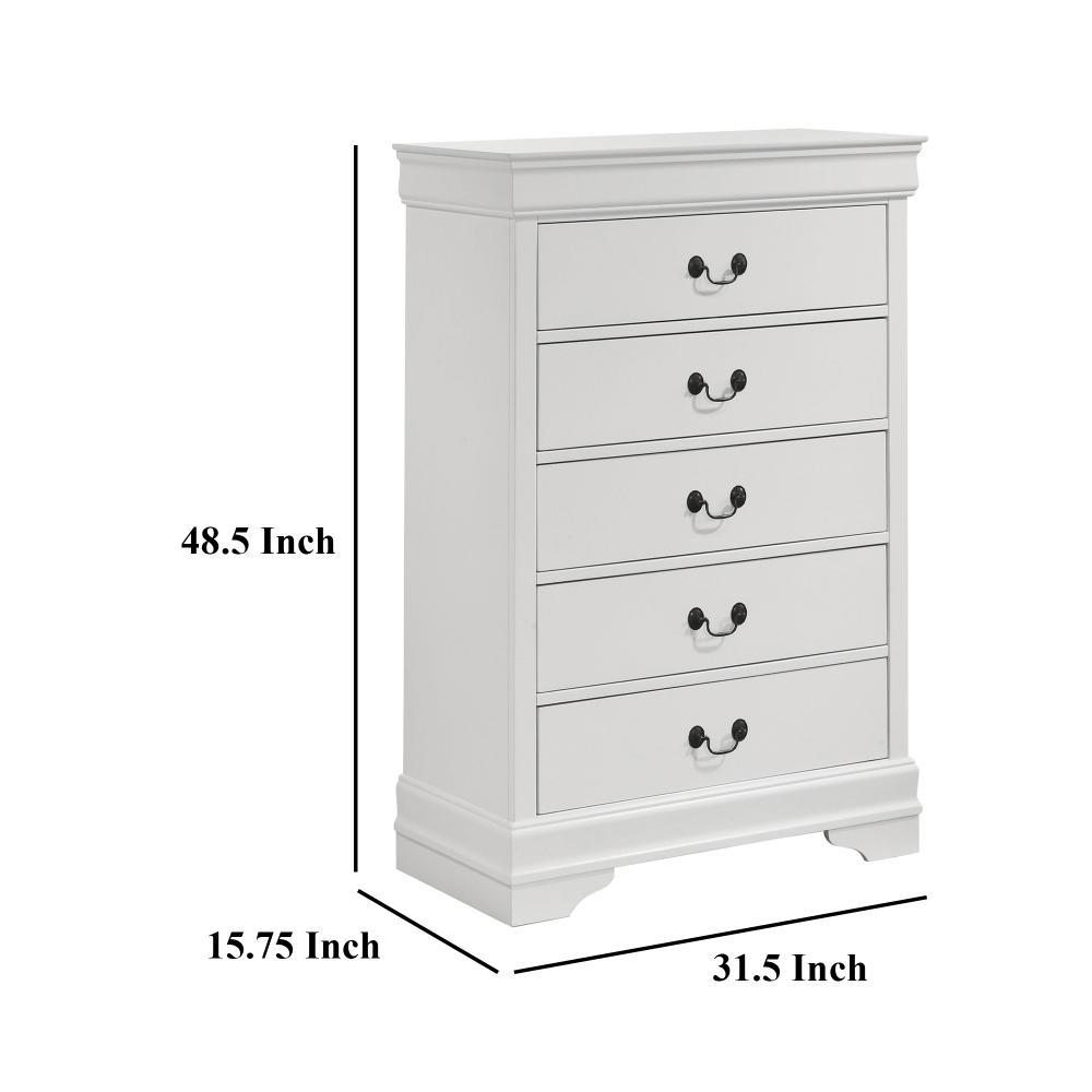 Nim Tall Dresser Chest, 5 Storage Drawers, Classic White Molded Trim