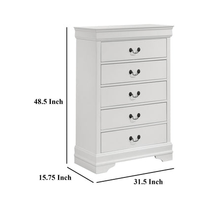 Nim Tall Dresser Chest, 5 Storage Drawers, Classic White Molded Trim