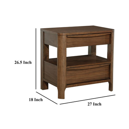 Rie Nightstand w 2 Drawers and Lower Shelf, Walnut Brown Poplar Wood