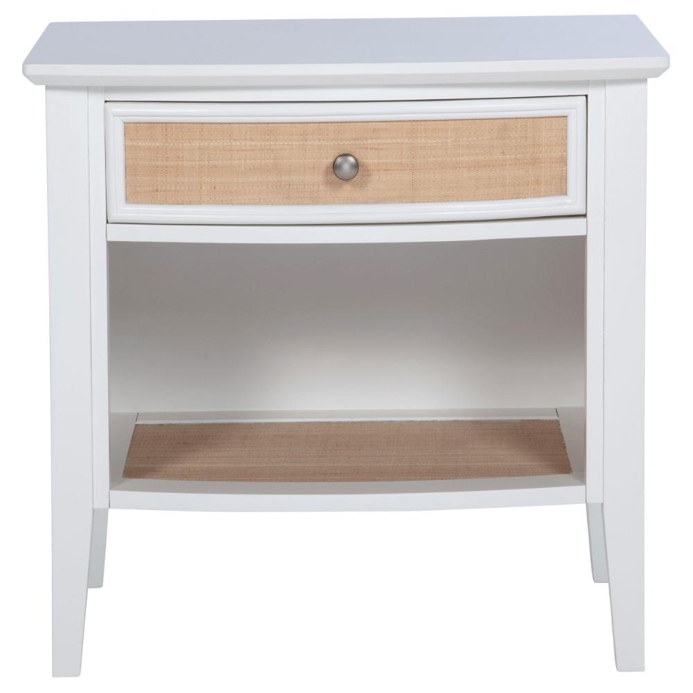 Heo Nightstand, 1 Brown Rattan Woven Drawer, Open Shelf, White Wood