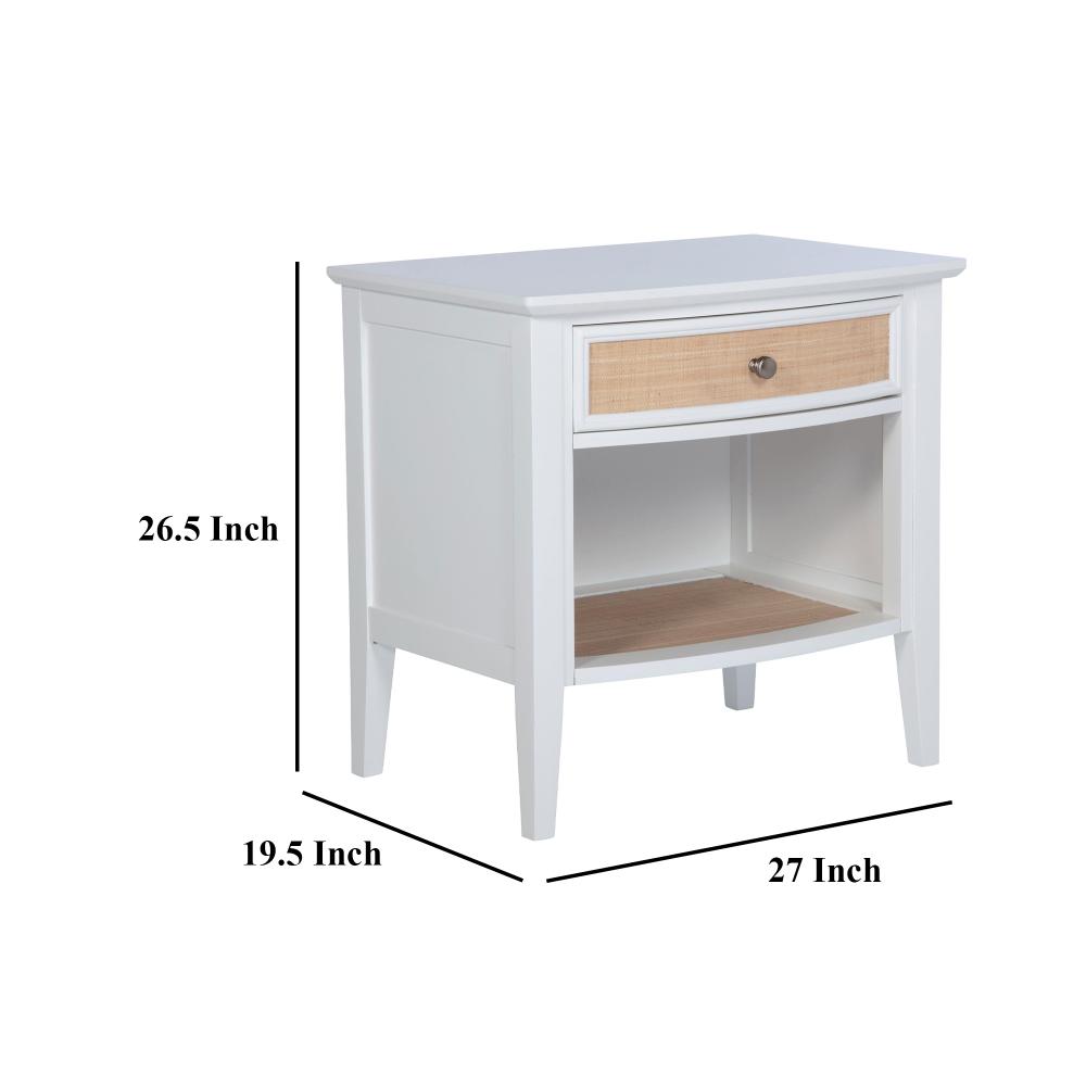 Heo Nightstand, 1 Brown Rattan Woven Drawer, Open Shelf, White Wood