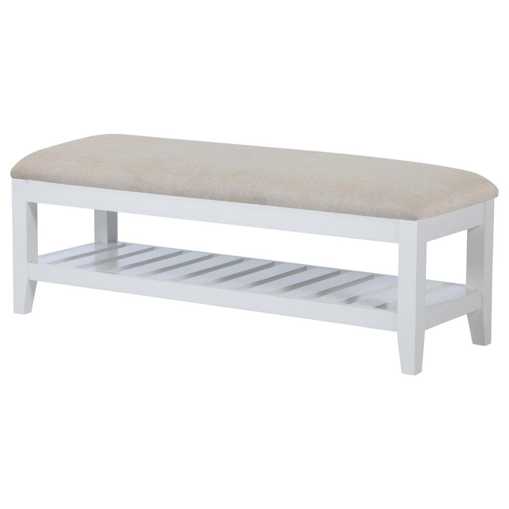 Heo Dining Bench, Slatted Shelf, Beige Padded Seat, 50 Inch White