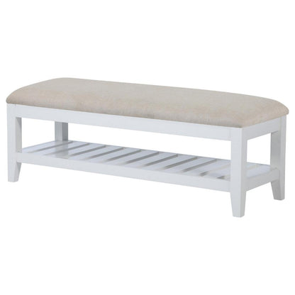 Heo Dining Bench, Slatted Shelf, Beige Padded Seat, 50 Inch White