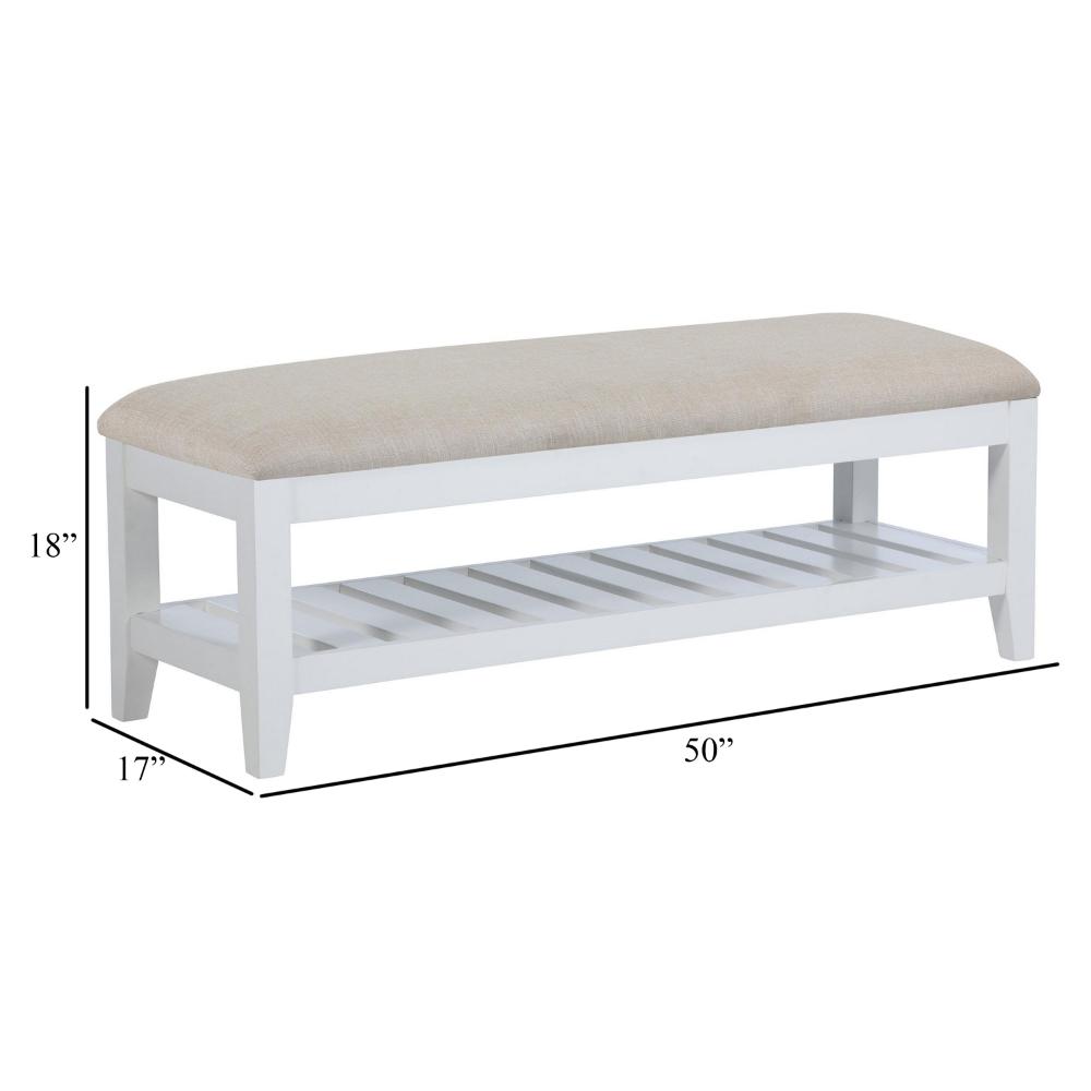 Heo Dining Bench, Slatted Shelf, Beige Padded Seat, 50 Inch White