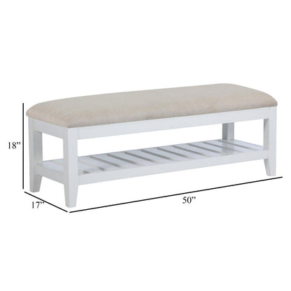 Heo Dining Bench, Slatted Shelf, Beige Padded Seat, 50 Inch White
