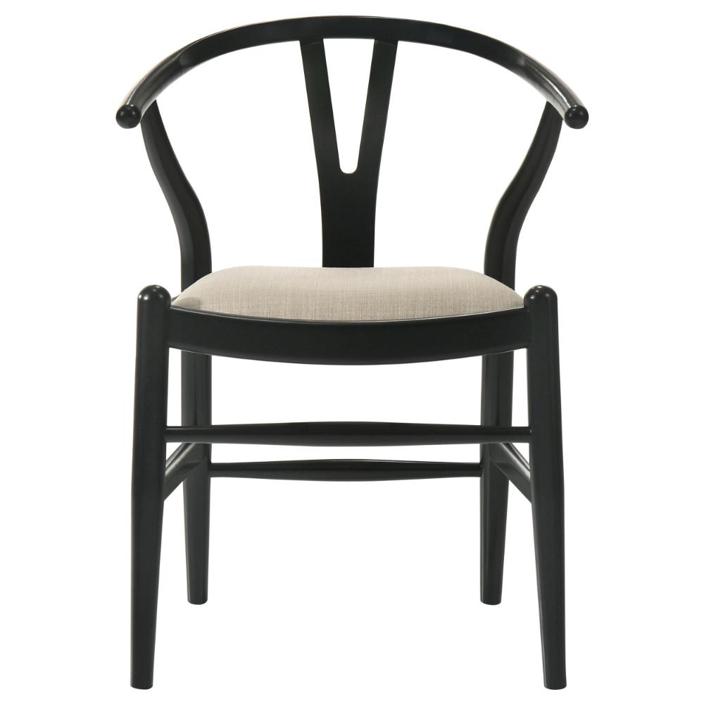 Ellie Wishbone Dining Chair Set of 2, Beige Fabric, Black Hardwood